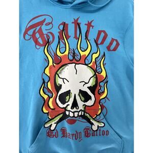 Ed Hardy Pullover Sweatshirt Hoodie Baby Blue Skull Flames Tattoo Men Medium NWT